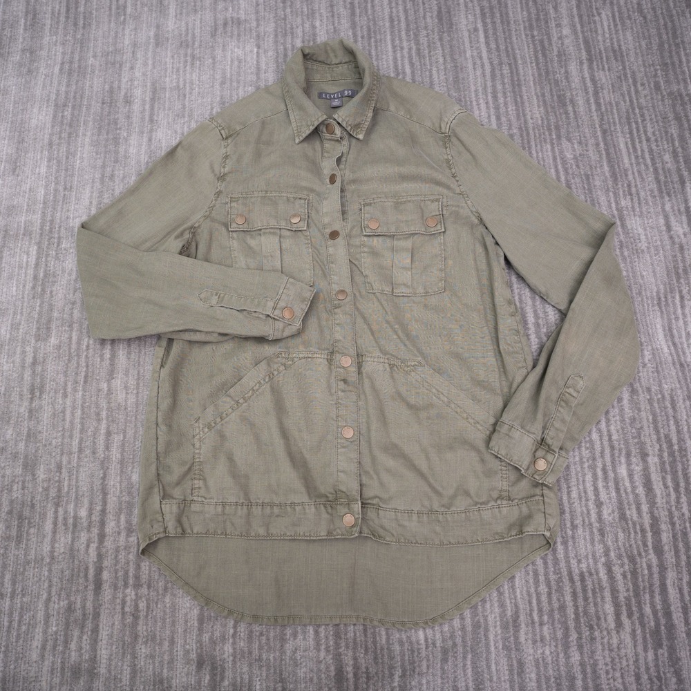 Level 99 Utility Shirt Womens M Green Excellent Linen Blend Snap Front LT7771